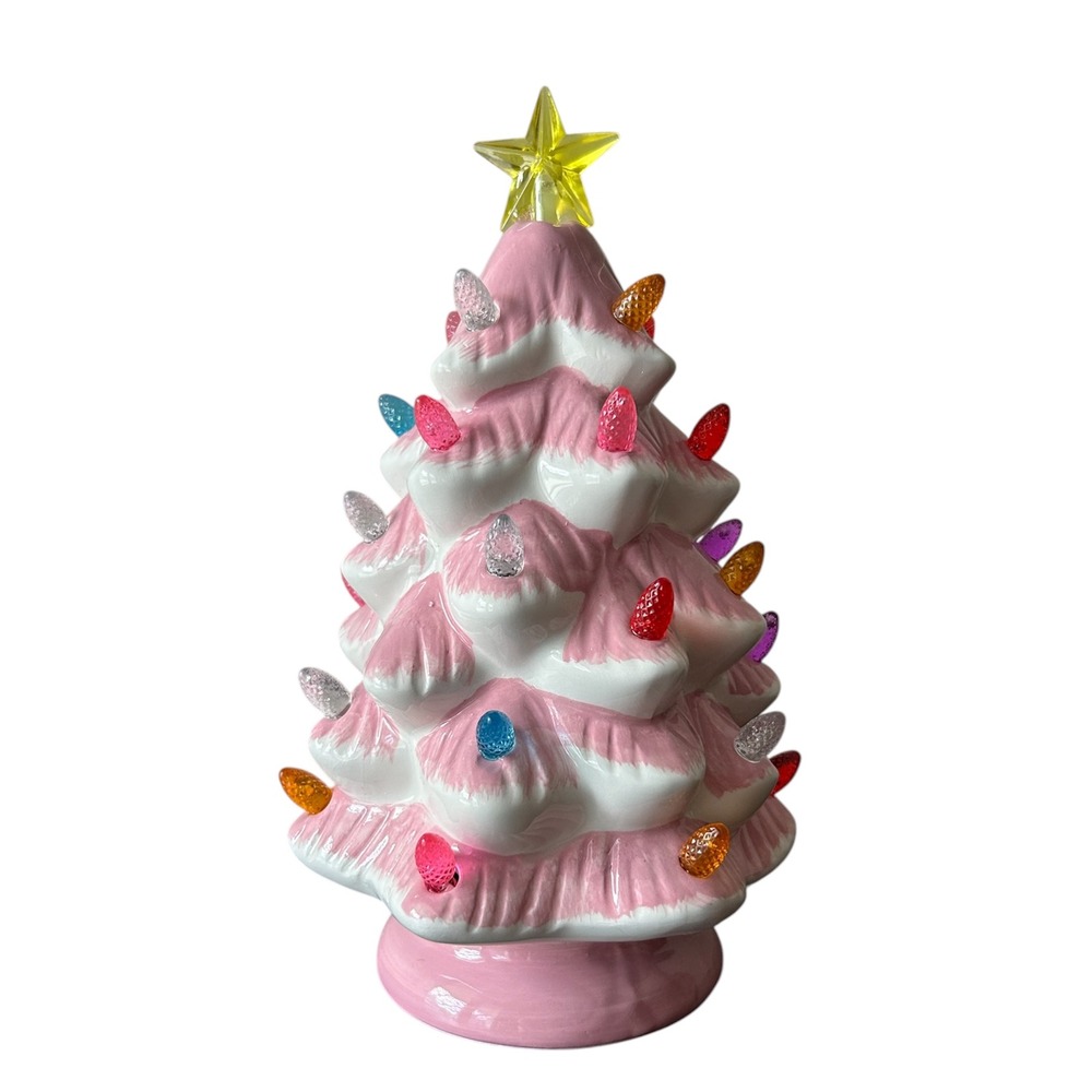 Retro Pink Glaze Ceramic Led Light Up Charming Christmas Tree Decor